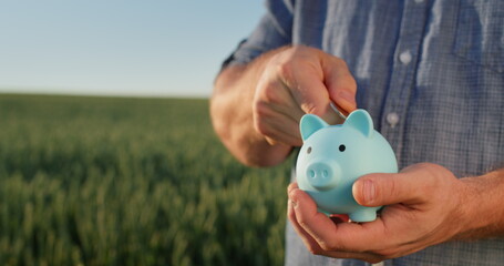 A man puts coins in a piggy bank, stands against the background of a field where wheat grows