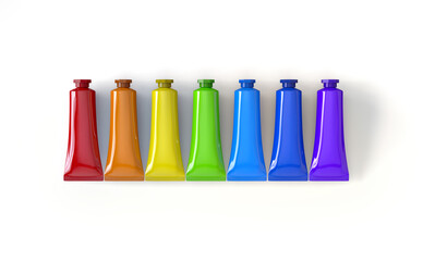 7 Paint Tubes Rainbow Color 3D Rendering Illustration