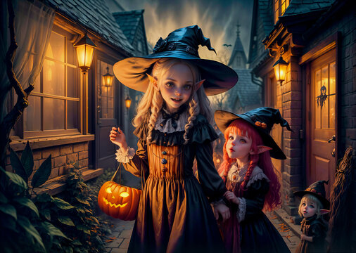 Halloween Enchantment: Two Girls' Trick-or-Treat Night Adventure.