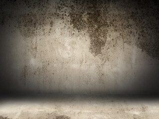 Old Grunge Walls and Floors Black mold and cracked with dark shadows. The background is blank and the light in the middle of the image, makes it stand out.
