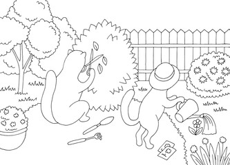 Cats work in the garden graphic black white landscape sketch illustration vector