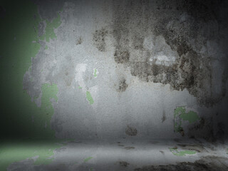 Old Grunge Walls and Floors Black mold and cracked with dark shadows. The background is blank and the light in the middle of the image, makes it stand out.