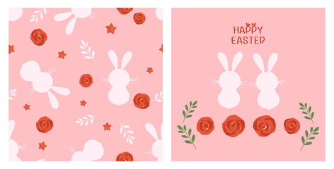 Seamless pattern with bunny rabbit cartoons, branches and rose flower on pink background vector illustration.