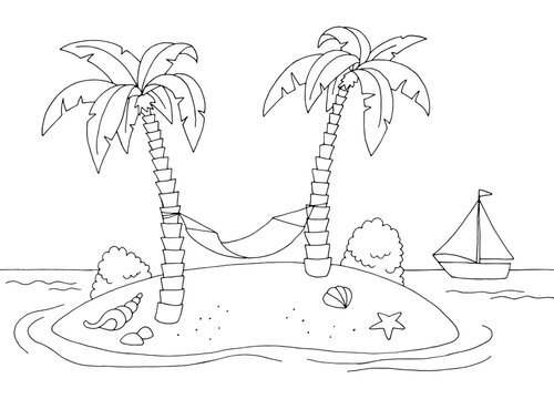 Hammock on the island sea coast graphic black white landscape sketch illustration vector