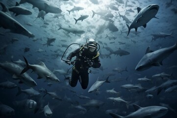 Submarinista nadando con tiburones y otros peces