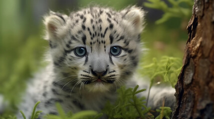 Naklejka na ściany i meble Snow leopard cub. Generative AI