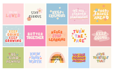 70s retro inspirational poster set with vintage groovy typography with daisy flowers, hearts, rainbow, smiley face for graphic tee t shirt or sticker poster