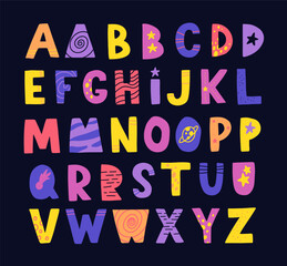 Abstract decorative English alphabet. Space, cute Kids font. Ideal for education, home decor. Vector colorful Illustration in cute scandinavian style.
