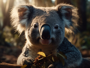 Fototapeta premium closeup on a koala eating eucalyptus, Generative AI