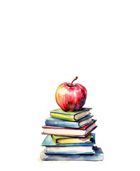 photot of  back to school event with watercolor books , apple and copy space for social media post template.Ai generated