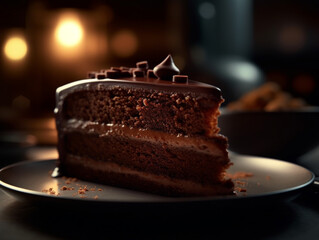piece of chocolate cake with chocolate icing served on a plate, Generative AI