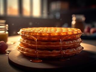 waffles stacked on top of each other with honey oozing, Generative AI