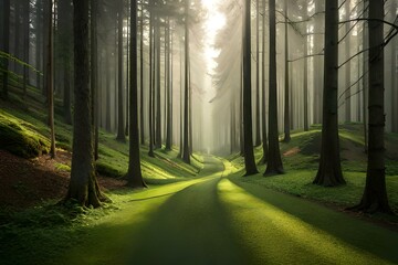a serene forest with tall trees
