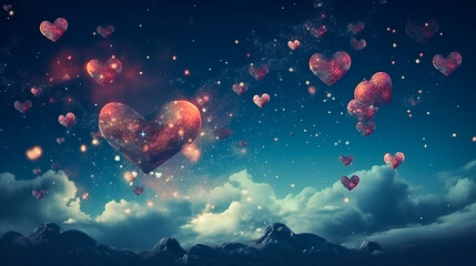 Obraz na płótnie Canvas LOVE HEART SHAPES IN THE NIGHT SKY AS A VALENTINE'S DAY BACKGROUND. GENERATIVE AI.