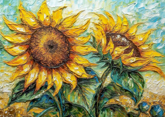 The beautiful yellow sunflower created with the help of artificial intelligence with a stroke imitating a Vincent Van Gogh style painting. AI generated. - obrazy, fototapety, plakaty