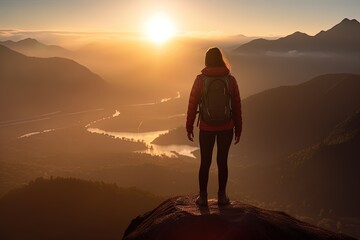 Obraz premium Female hiker standing on top of mountain peak. Fictional person created with generative AI