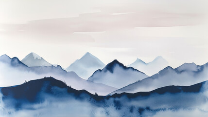 Fototapeta na wymiar panorama of the mountains in winter,super minimal watercolor on white background paper of snow 