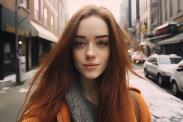 Redhaired woman in street selfie. Fictional person created with generative AI