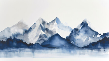 Fototapeta premium panorama of the mountains in winter,super minimal watercolor on white background paper of snow 