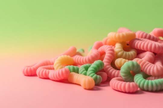 Sour gummy worms on a bright pastel background, top view, copy space. AI generated