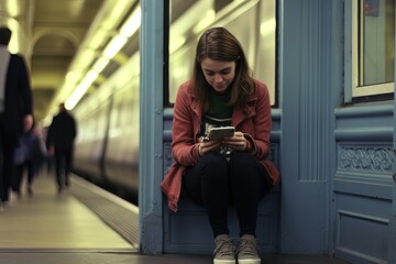 Young girl alone on phone. Fictional person created with generative AI