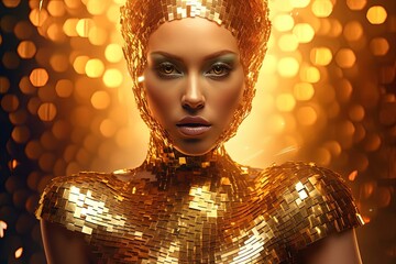 Beautiful woman with stunning eyes in gold costume. Fictional person created with generative AI