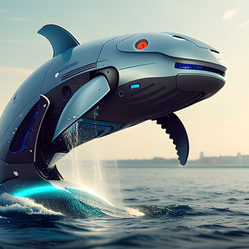 animatronic whale is jumping out of water. generative ai