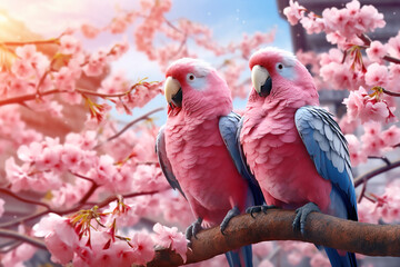 Two large blue pink parrots sit on a branch of sakura blossoms. Generative AI