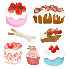 bakery and pastry desserts with chocolate vanilla and strawberry flavours jams sundaes. Vector isolated delicious illustrations of cake and sweet foods for menu designs. Cute lovely icon.