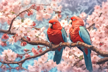 Two large red blue parrots sit on a branch of sakura blossoms. Generative AI