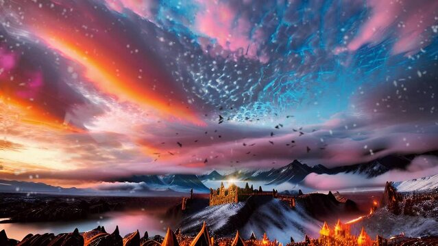 Footage animated, Indulge in the tranquil beauty of a winter sunset, as the sky blushes with a harmonious blend of orange and pink. A castle glows, embraced by a flurry of birds