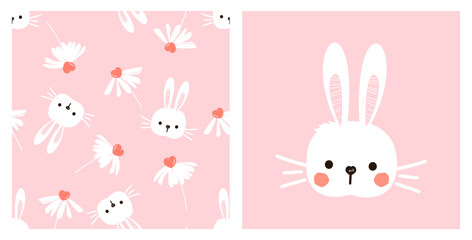 Seamless pattern with daisy flower and bunny cartoon on pink background. Rabbit cartoon vector illustration.