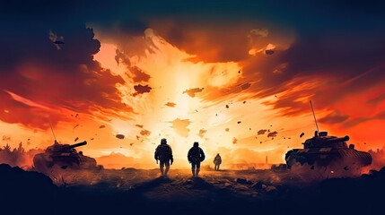 Illustration of War Concept. Military silhouettes fighting scene on war fog sky background, World War Soldiers Silhouettes Below Cloudy Skyline at sunset.