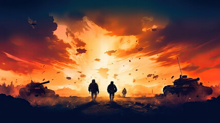 Fototapeta premium Illustration of War Concept. Military silhouettes fighting scene on war fog sky background, World War Soldiers Silhouettes Below Cloudy Skyline at sunset.