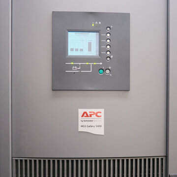 The LED APC panel on the UPS module displays important information about the power supply status - Moscow, Russia, 03, 05, 2019