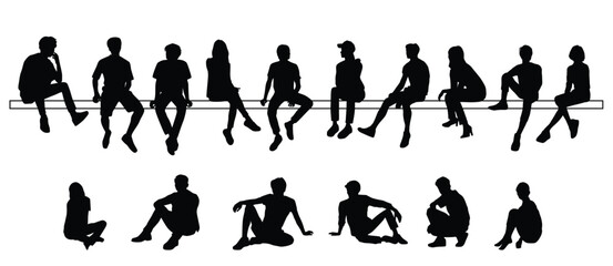Vector silhouettes of people sitting, men, women, teenagers, children, black color, isolated on a white background