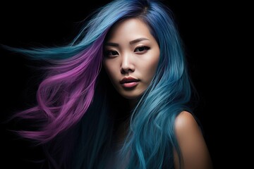 Fototapeta premium Asian model with long blue and purple hair. Asia female face with interesting hairdo. Extreme close up beauty portrait of beautiful young chinese, japanese or korean model, created with generative ai