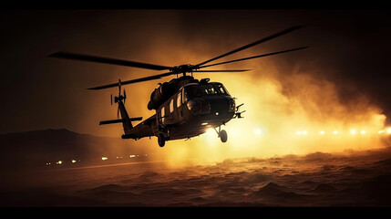 Fototapeta na wymiar Silhouette of military helicopter ready to fly from conflict zone. Decorated night footage with helicopter starting in desert with foggy toned backlit. Selective focus. War concept