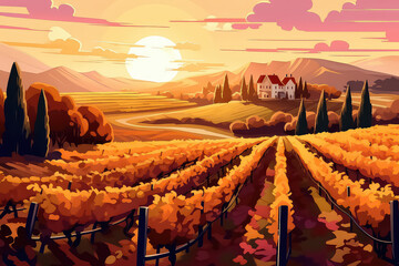Rows of vineyards in an autumn landscape with a colorful sunset.