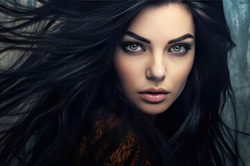 Fototapeta premium Beautiful Hair. Girl With Healthy Wavy Long Black Hair. Portrait Happy Woman With Beauty Face, Makeup And Perfect Curls. Volume, Hairstyle, Hairdressing Concept. created with generative ai