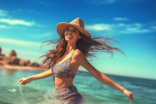 Portrait of a happy brunette with a hat in a swimsuit on a tropical beach. Summer vacation and good vibes concept. High quality photo