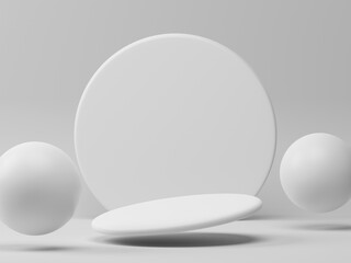 3D rendering minimal white round product podium showcase display on empty background. Floating balls and big circle panel backdrop mockup illustration