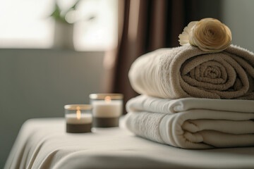 Obraz na płótnie Canvas soft beige spa towels on a massage bed in a therapy room ,towels in a spa