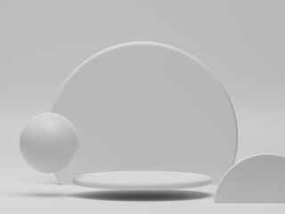 3D rendering minimal white round product podium showcase display on empty background. Floating ball and circle panel backdrop mockup illustration