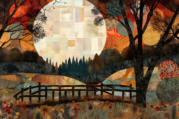Generative Ai illustration of scenes with autumn colors in the countryside and in the city