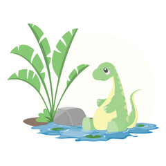 Cute Brontosaurus Playing Water Vector Illustrations
