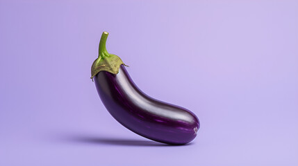 A single eggplant on a pastel purple background.