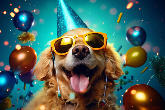 Happy birthday. Portrait of a Cute funny party dog . High quality photo