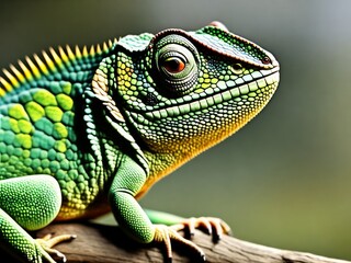 Green colored chameleon close up, created with generative ai, ki - obrazy, fototapety, plakaty