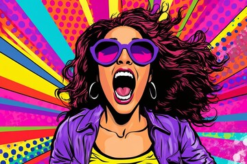 Energetic south American woman enthusiastically expresses joy on vibrant pop art backdrop, Generative AI